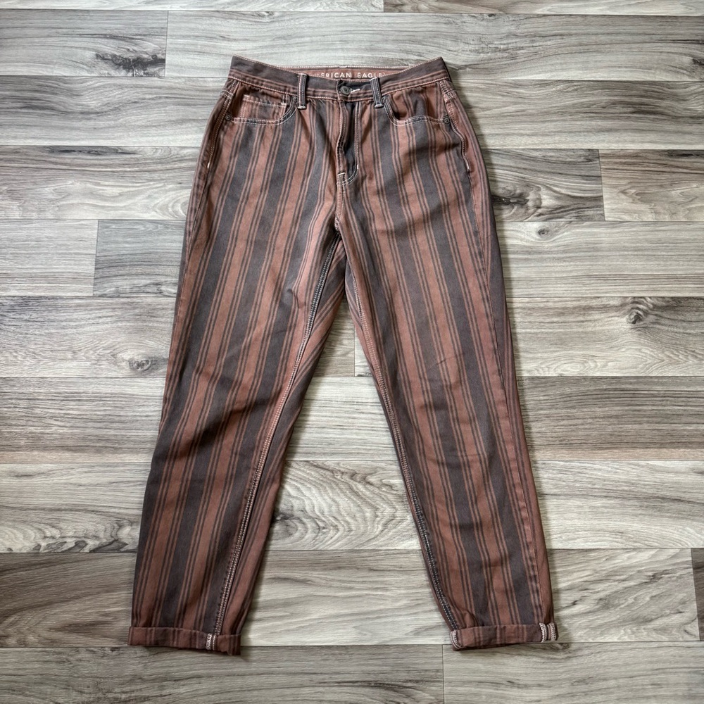 American Eagle 100% Cotton High Rise Mom Jean in Brown Stripe Size 4 - Picture 1 of 9